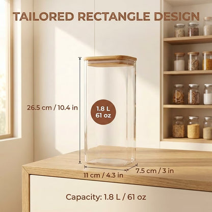 1.9 Qt Rectangle Plastic Food Storage Containers with Airtight Lids, Clear Food Jar,Plastic Jars with Bamboo Lids, Canister Set of 3, Pantry Organizers and Storage for Flour Cereal