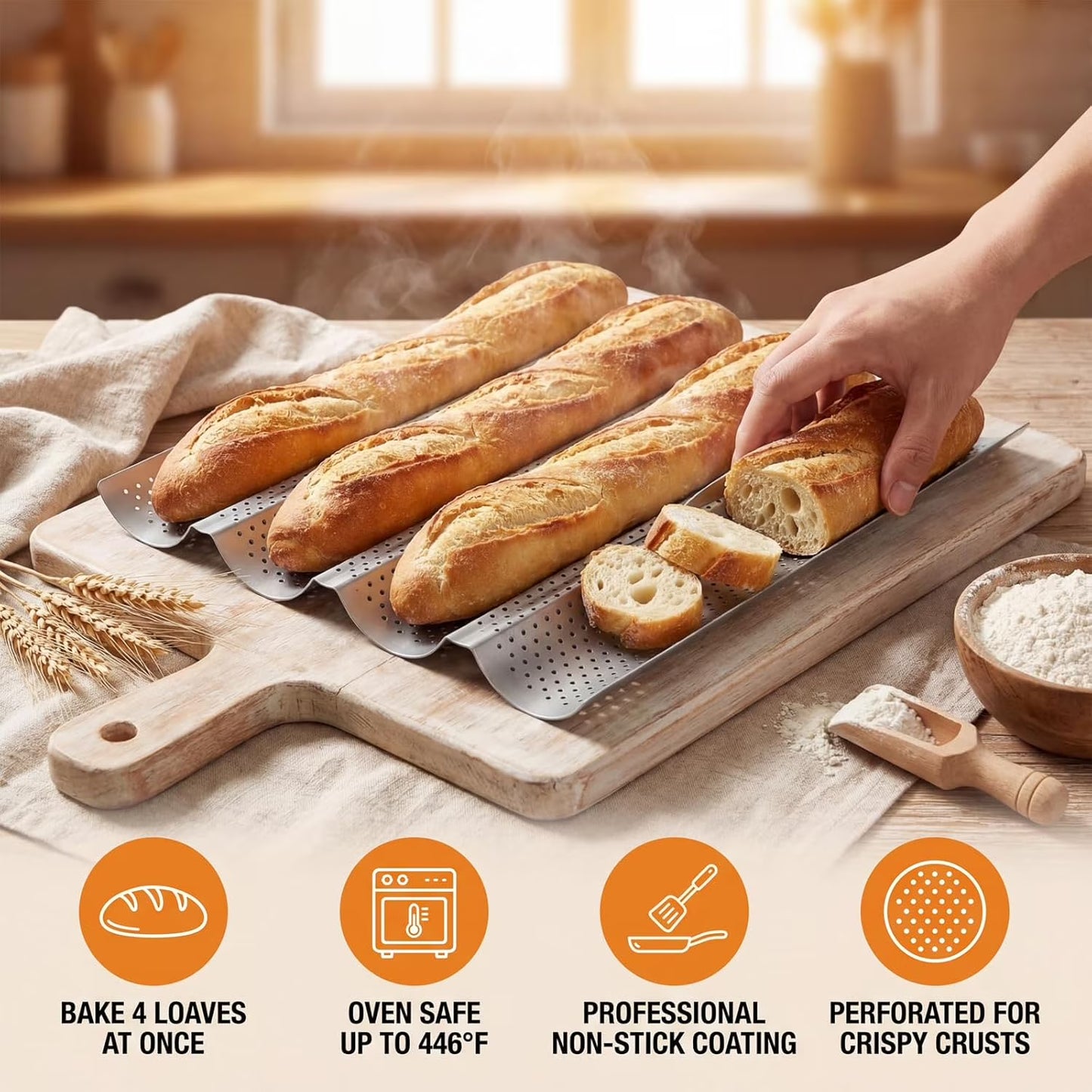 Baguette Baking Pan, 4 Loaves Perforated Nonstick French Bread Pan with Proofing Cloth, for Sourdough & Italian Bread, Crisp Crust Bakeware, 15" x 13", Silver