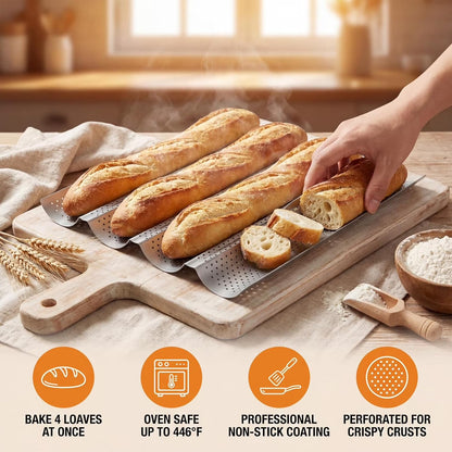 Baguette Baking Pan, 4 Loaves Perforated Nonstick French Bread Pan with Proofing Cloth, for Sourdough & Italian Bread, Crisp Crust Bakeware, 15" x 13", Silver