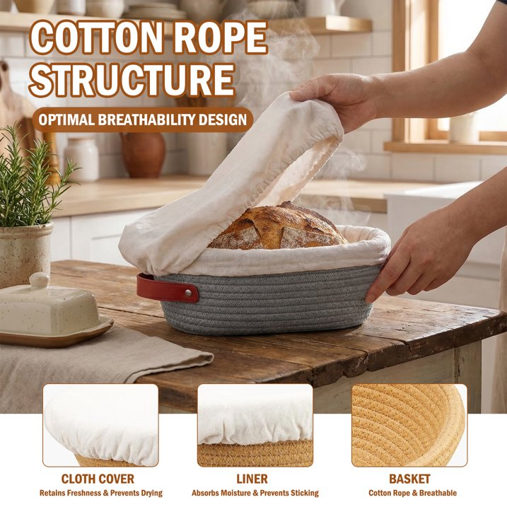 2-Piece Banneton Proofing Basket Kit, Round & Oval Dough Fermentation Baskets with Liners & Covers for Sourdough Baking