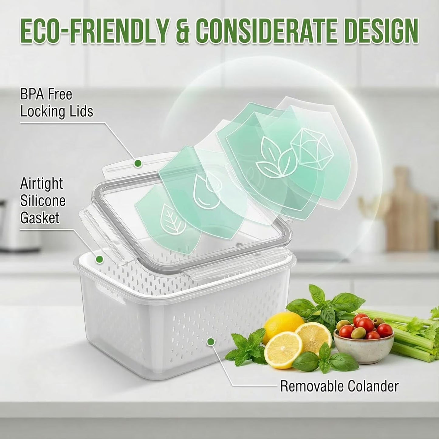 5 Pack Fruit Storage Containers for Fridge with Removable Colander, Leakproof Produce Keeper for Berries, Vegetables & Salad, All-in-One Wash & Store Food Containers, BPA Free