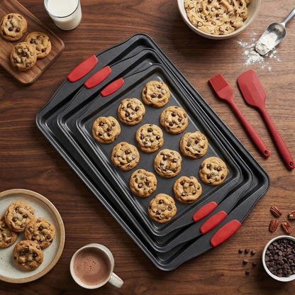 Baking Sheet Set 3 Piece, Nonstick Cookie Sheets with Silicone Handles, Professional Kitchen Bakeware Ideal for Baking, Roasting, Meal Prep and Family Sheet Pan Dinners