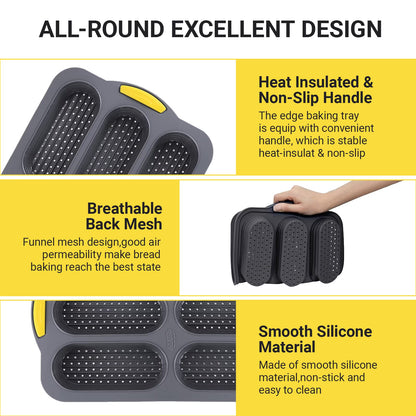 6-Cavity Silicone Baguette Pan, Nonstick French Bread & Hot Dog Bun Mold, Foldable Baking Pan for Hoagie Rolls, Easy Release, Dishwasher Safe, 1 Pack, Gray