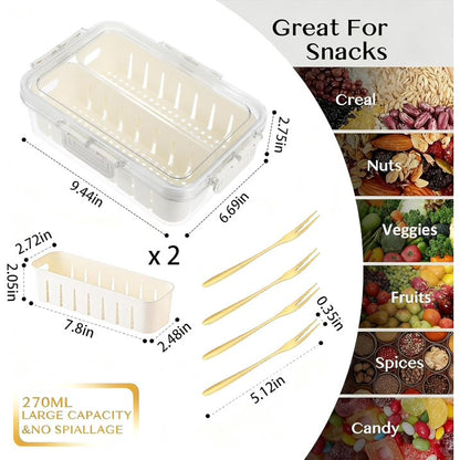 1 Pack Snackle Box Container, Portable 2-Compartment Divided Snack Tray with Lid, Reusable Stackable Snack Organizer for Travel, Candy, Party & Picnic, Large Size, White