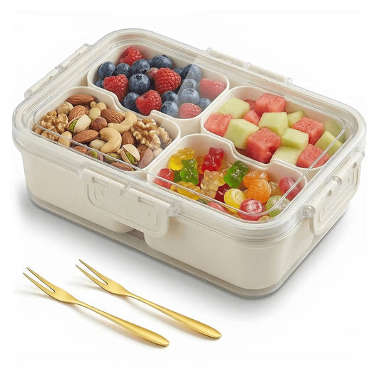 4 Compartment Snack Containers, Divided Serving Tray with Lid, Portable Snack Box Container for Candy, Fruit and Snacks, Snack Tray with Lid for Party, Picnic and Travel