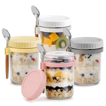 4 Pack 12oz Overnight Oats Containers with Lids and Spoons, Glass Oatmeal Containers, Mason Jars with Airtight Lids, Meal Prep Food Storage Container for Yogurt, Oatmeal