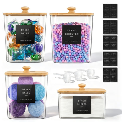 4-Pack Clear Laundry Pods Container Set for Laundry Room Organization, Laundry Powder Container and Laundry Detergent Dispenser with Wooden Lids, Labels and Scoops