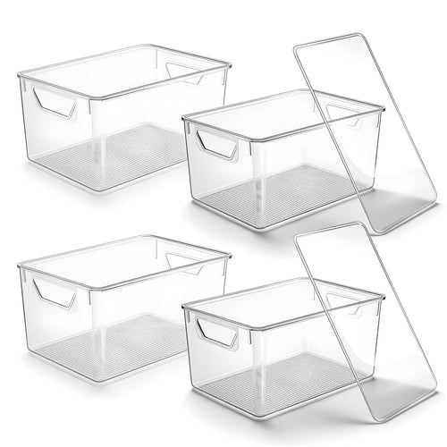 4-Pack Clear Storage Bins with Lids, Stackable Plastic Organizer Bins for Pantry, Fridge, Freezer, Cabinet