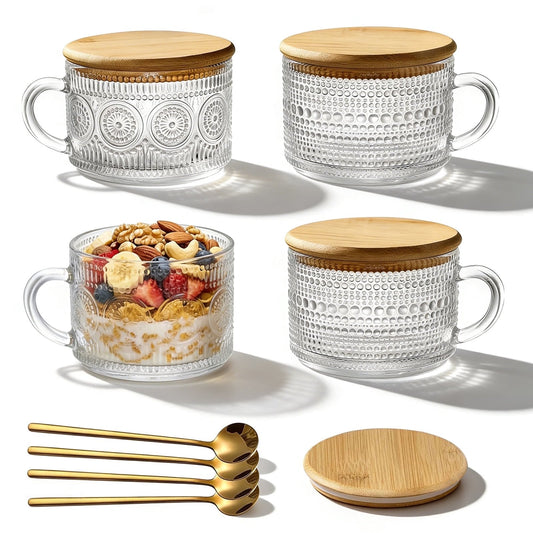 4 Packs Vintage Coffee Mugs, 14oz Embossed Glass Cups, Overnight Oats Containers with Lids, Vintage Mugs Set, Coffee Bar Accessories