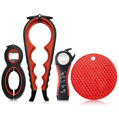 4-Piece Jar Opener Set for Seniors – Non-Slip Rubber Gripper & Multi-Functional Bottle/Can Opener for Arthritis