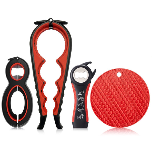 4-Piece Jar Opener Set for Seniors – Non-Slip Rubber Gripper & Multi-Functional Bottle/Can Opener for Arthritis