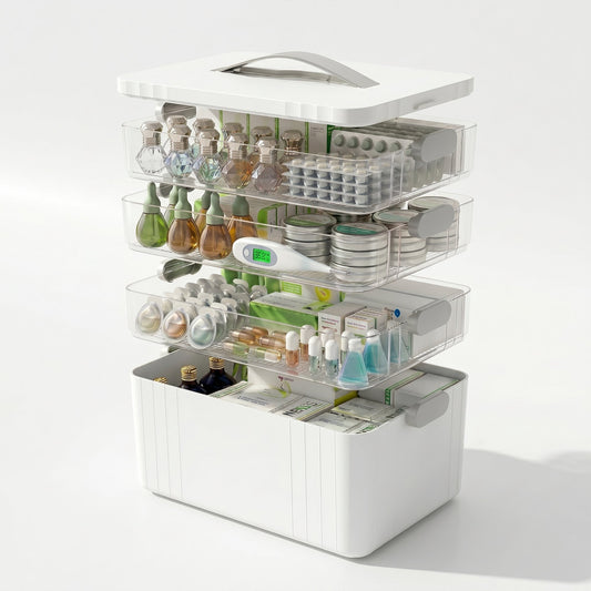 4-Tier Portable Medicine Box with Handle, Medicine Storage Box Organizer,Medicine Organizer and Medication Organizer with Removable Tray, Multipurpose Medicine Cabinet Organizer for Home