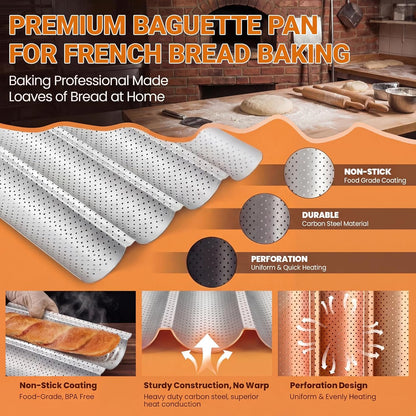 Baguette Baking Pan, 4 Loaves Perforated Nonstick French Bread Pan with Proofing Cloth, for Sourdough & Italian Bread, Crisp Crust Bakeware, 15" x 13", Silver
