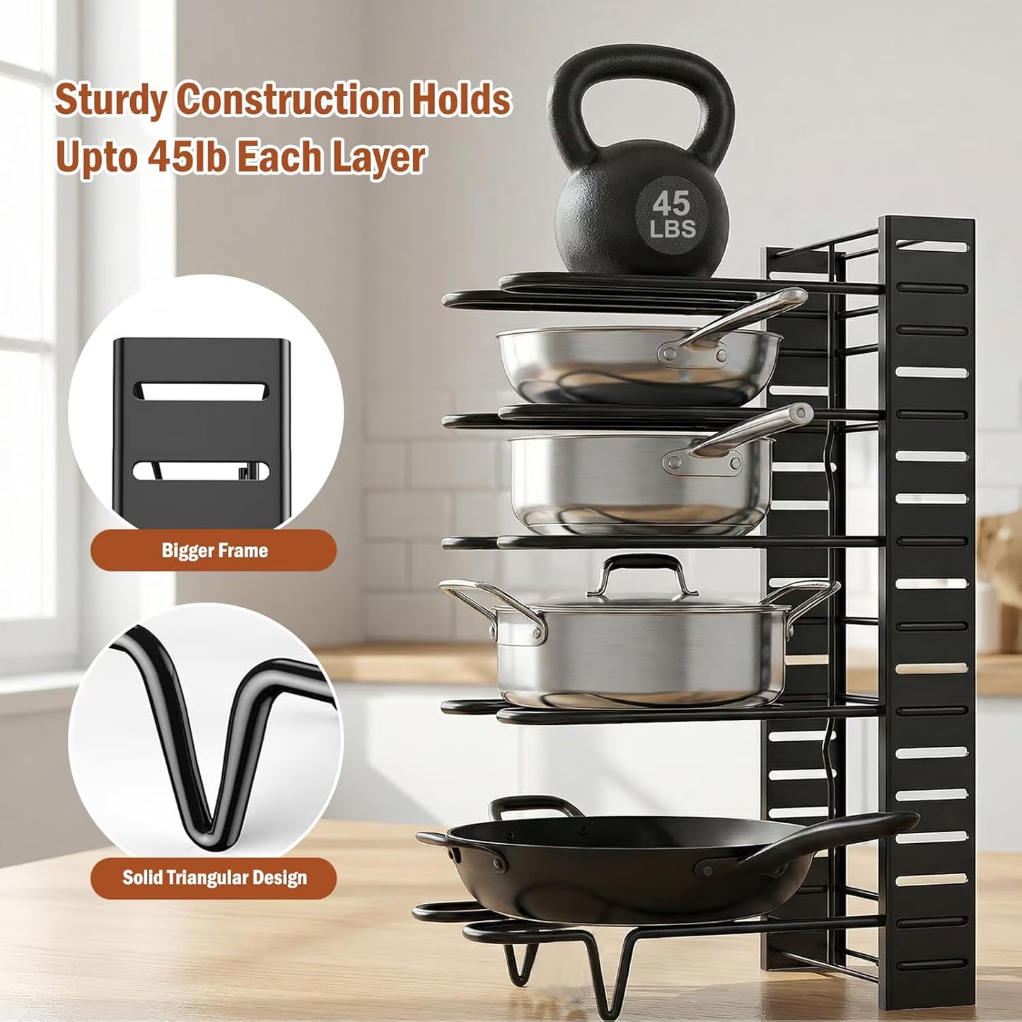 16" Heavy-Duty 8-Tier Adjustable Pots & Pans Organizer Rack, Cabinet & Pantry Storage with 3 DIY Setup Options, Under Cabinet Organizer for Large Cookware