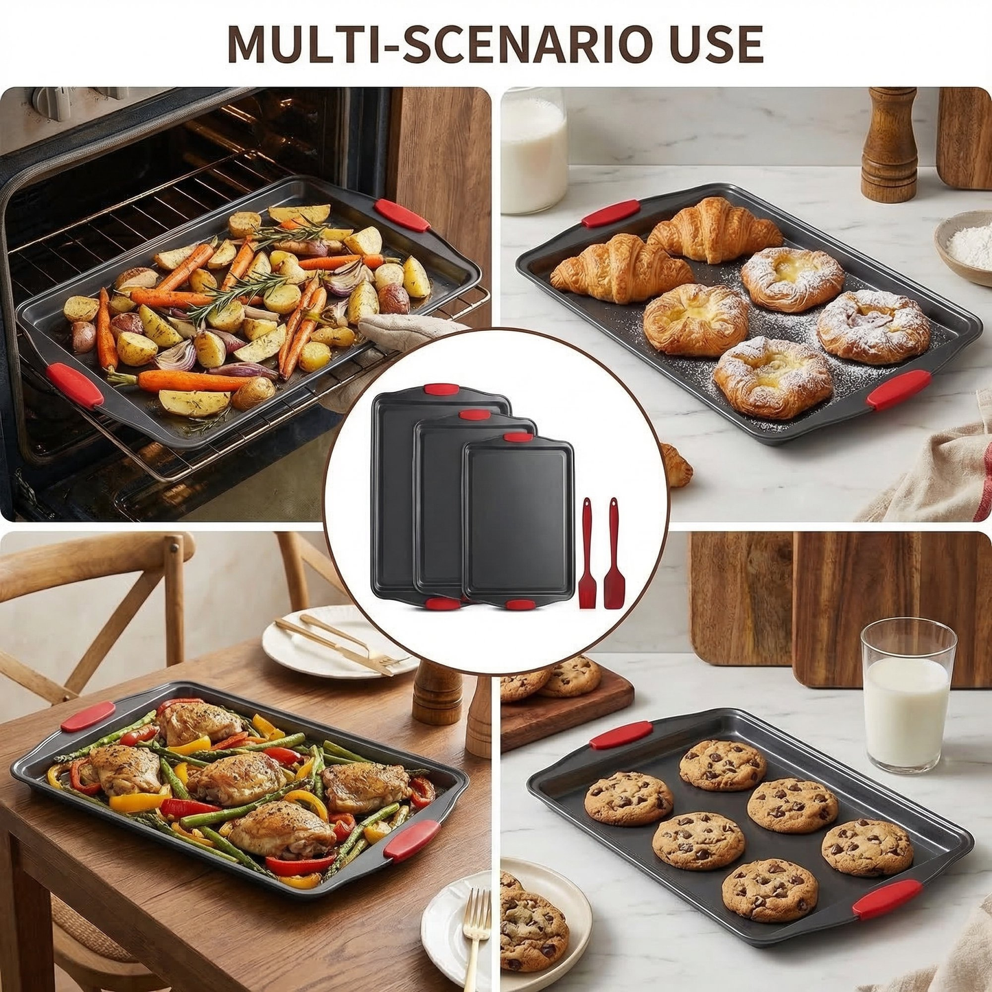 Baking Sheet Set 3 Piece, Nonstick Cookie Sheets with Silicone Handles, Professional Kitchen Bakeware Ideal for Baking, Roasting, Meal Prep and Family Sheet Pan Dinners