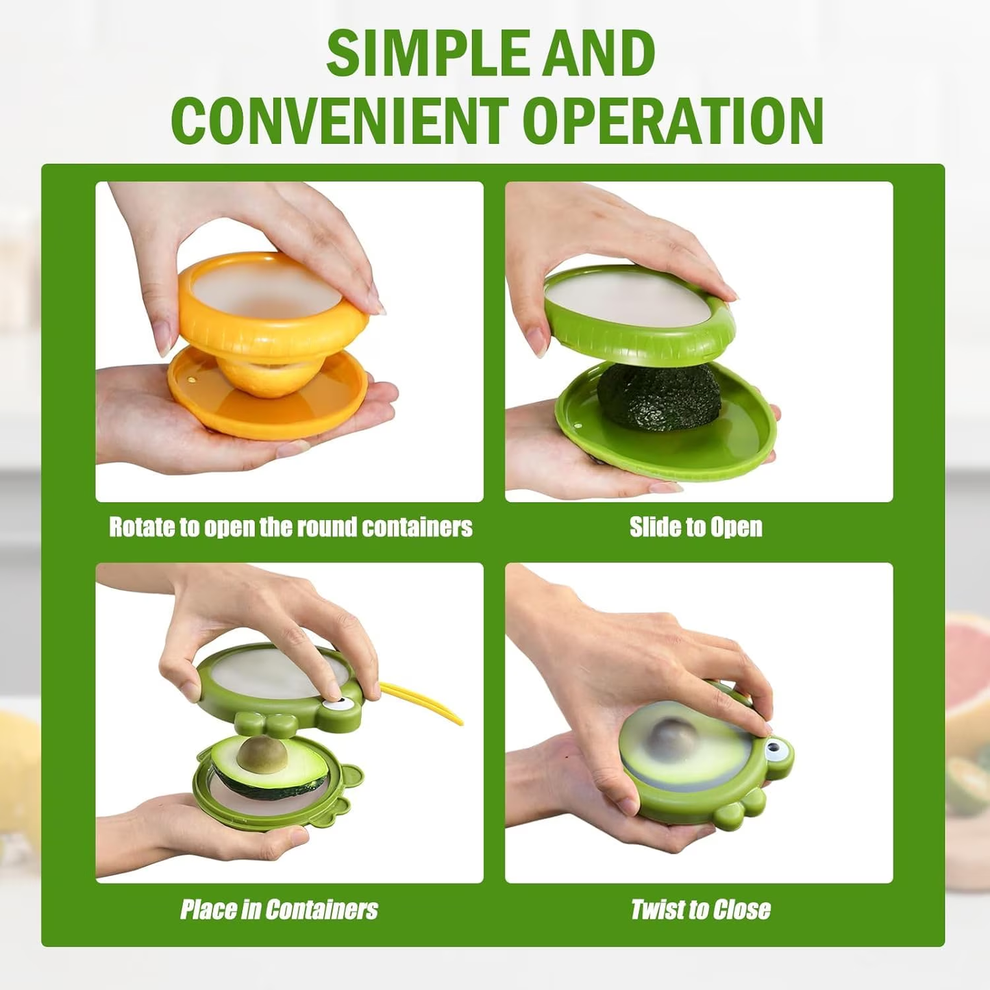 Set of 6 Fresh Food Storage Containers with 1 Fruit Peeler, Reusable Silicone Fresh Pods with Airtight Seal for Avocado, Onion, Tomato and Garlic Fridge Storage