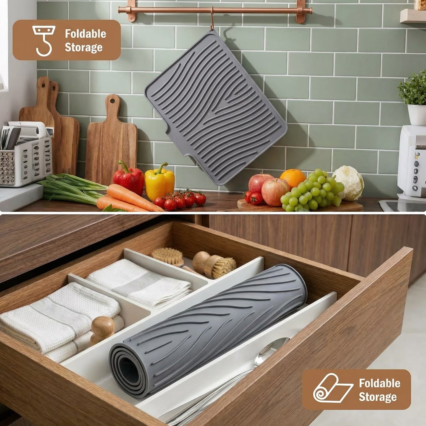 Silicone Dish Drying Mat for Kitchen Counter or Sink, Non-Slip Dish Drainer Mat with Built-in Drain, Heat Resistant Drying Pad, Grey