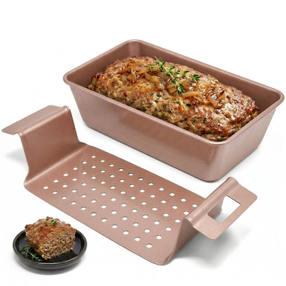 Meatloaf Pan with Drain Tray, Nonstick 9x5 Loaf Pan with Convenient Lift Serve Function, Ideal for Meatloaf & Bread Baking (Rose Gold)
