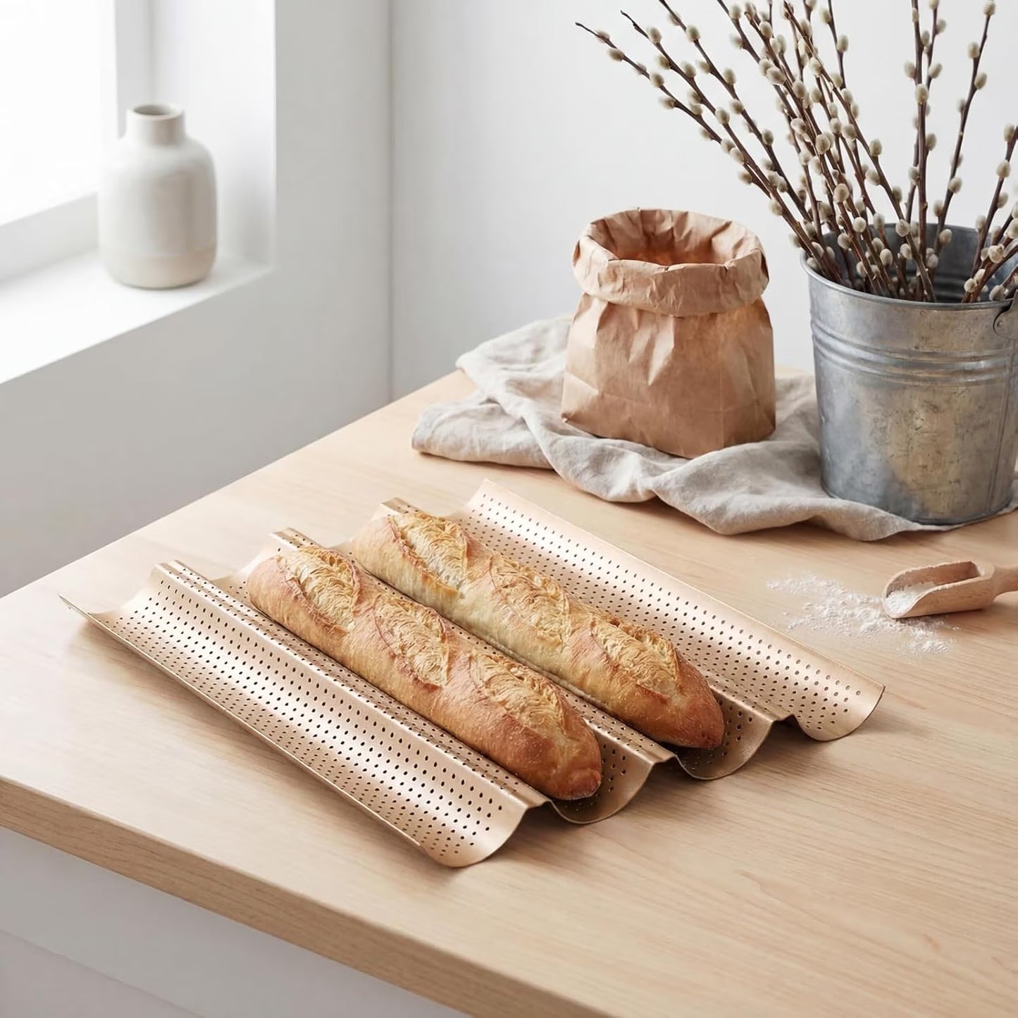 2 Pack Baguette Baking Pan, 4 Loaf Perforated Nonstick French Bread Pan with Proofing Cloth, for Sourdough & Italian Bread, Crisp Crust Bakeware, 15" x 13"