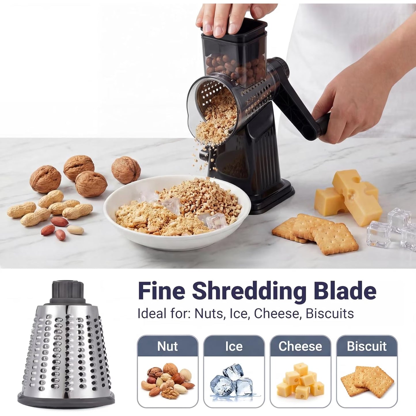 Rotary Cheese Grater with Hand Crank, Cheese Shredder with 3 Stainless Steel Blades for Cheese, Vegetables & Nuts, Non-Slip Suction Base, Easy & Effortless Grating