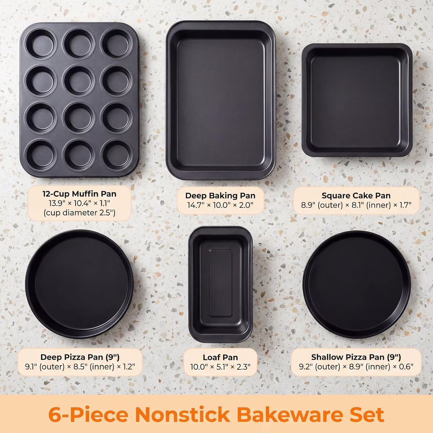 6 Piece Nonstick Bakeware Set, Carbon Steel Baking Pans Including Cookie Sheet, Cake Pan, Loaf Pan, Muffin Pan & Roasting Pan, Oven & Dishwasher Safe