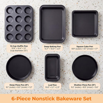 6 Piece Nonstick Bakeware Set, Carbon Steel Baking Pans Including Cookie Sheet, Cake Pan, Loaf Pan, Muffin Pan & Roasting Pan, Oven & Dishwasher Safe