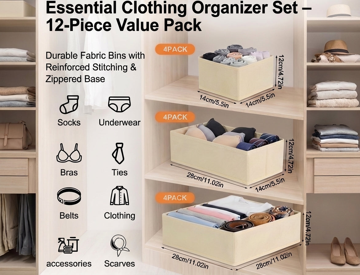 Drawer Organizers Clothes, Closet Organizers and Drawer Dividers for Clothes, Foldable Fabric Clothing Organizers for Dresser Drawers, 12 Pack