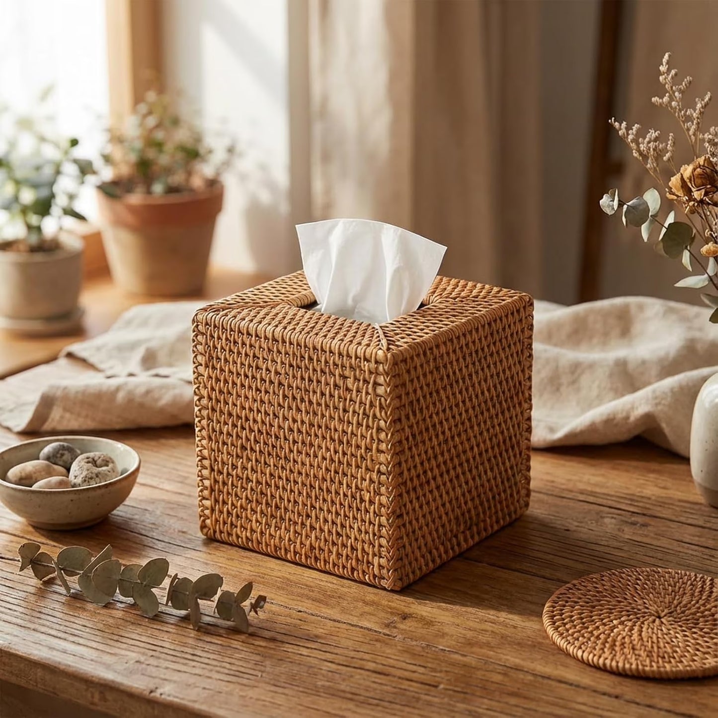Rattan Tissue Box Cover, Natural Woven Wicker Tissue Box Holder, Square Boho Decorative Facial Tissue Holder for Bathroom, Living Room, Kitchen or Desk, 5.5 x 5.5 x 5.9 Inch