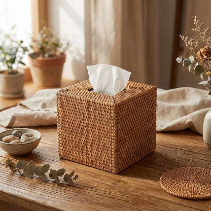 Rattan Tissue Box Cover, Natural Woven Wicker Tissue Box Holder, Square Boho Decorative Facial Tissue Holder for Bathroom, Living Room, Kitchen or Desk, 5.5 x 5.5 x 5.9 Inch