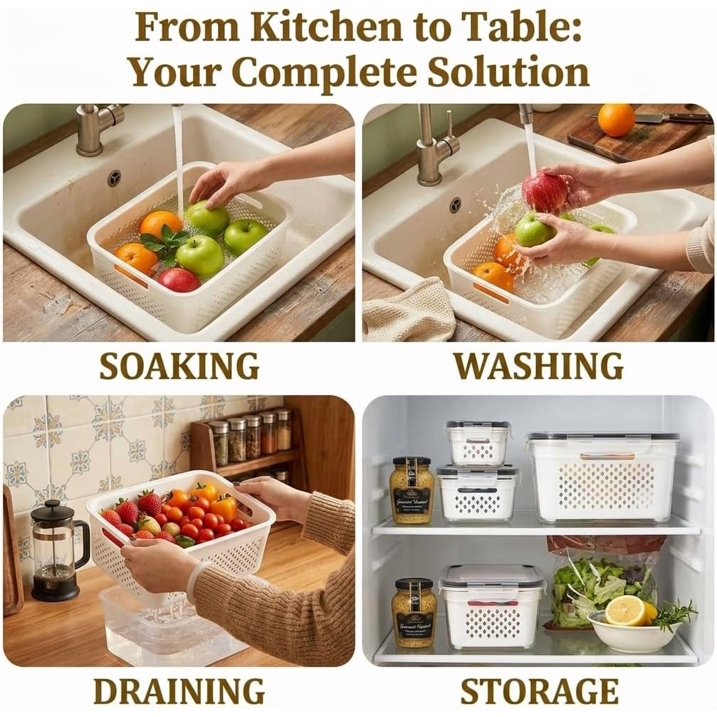 7 PCS Fruit Storage Containers for Fridge,Leakproof Produce Containers for Fridge with Removable Colander,All-in-One Fruit Container Strainers for Berries,Fruits,Vegetables