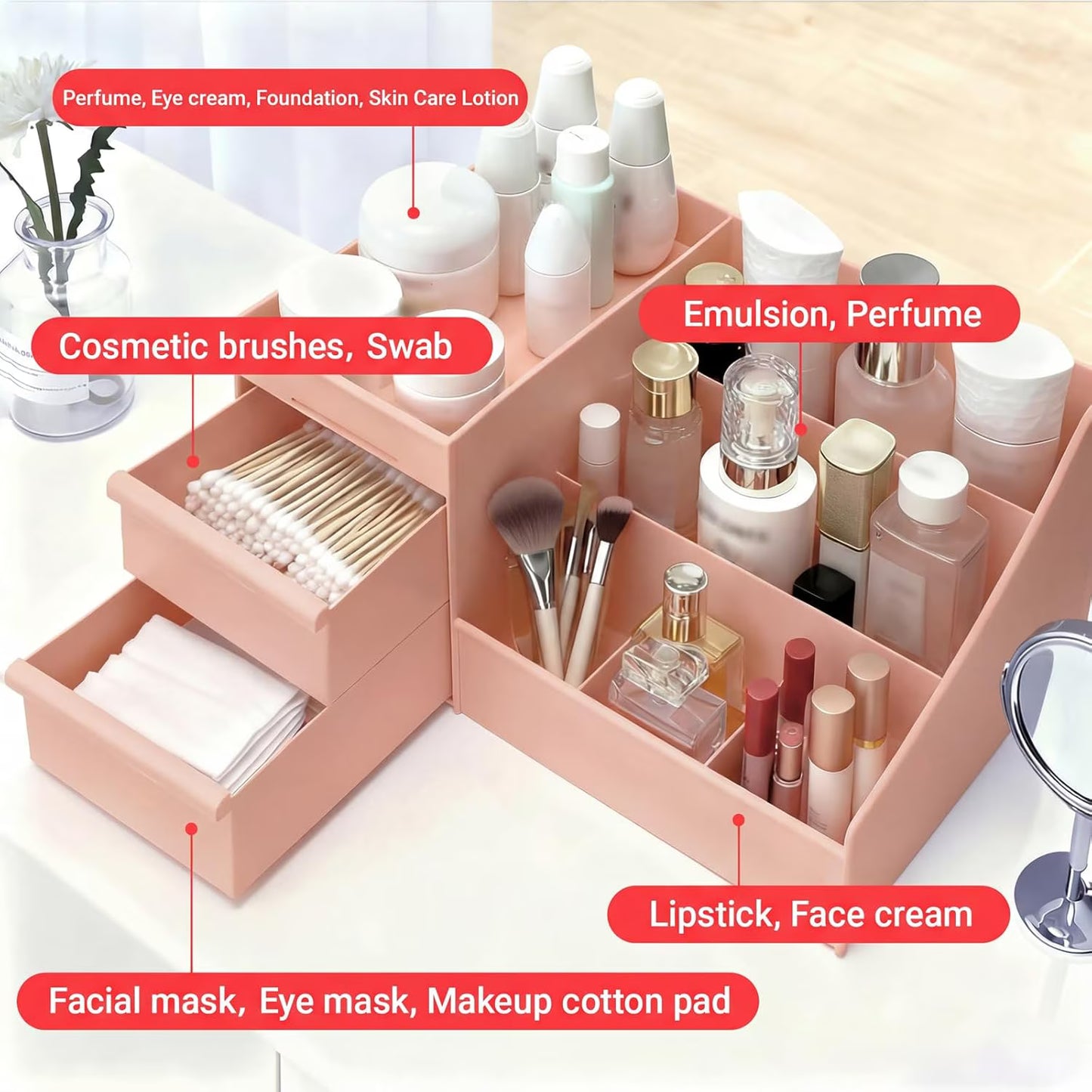 Pink Makeup Organizer with Drawers, Large Capacity Cosmetic Storage for Vanity or Bathroom Countertop, Multi-Compartment Organizer for Skincare, Lipstick & Palettes, 1 Pack