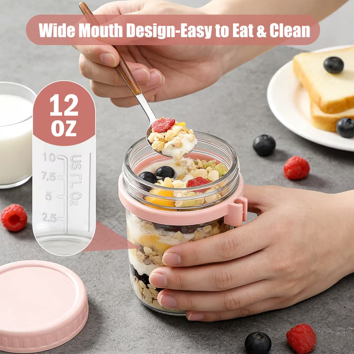 4 Pack 12oz Overnight Oats Containers with Lids and Spoons, Glass Oatmeal Containers, Mason Jars with Airtight Lids, Meal Prep Food Storage Container for Yogurt, Oatmeal