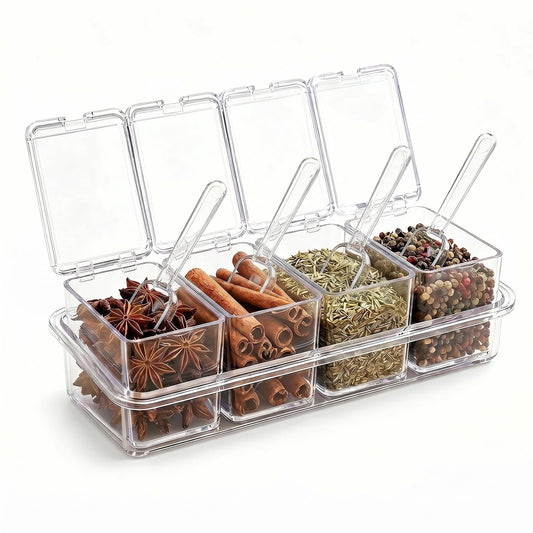 4PCS Clear Condiment Containers with Lids, Condiment Caddy with Spoon & Cover, Acrylic Seasoning Box Set, Ideal Seasoning Organizer for Toppings, Salt, Sugar