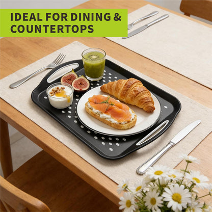Non Slip Serving Tray with Handles, Rubber Gripped Lap Food Trays for Eating, Dishwasher Safe, Ideal for Breakfast, Snack, Fruit, Dessert, Beverage & Dinner (Large Black)