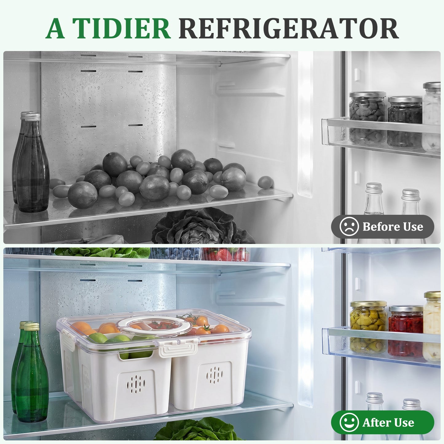 Refrigerator Organizer with Lids, 4 Compartment Divided Food Storage Container for Fridge, Snackle Box Style Fruit and Vegetable Storage Tray, Stackable Clear Fridge Organizer, 1 Pack