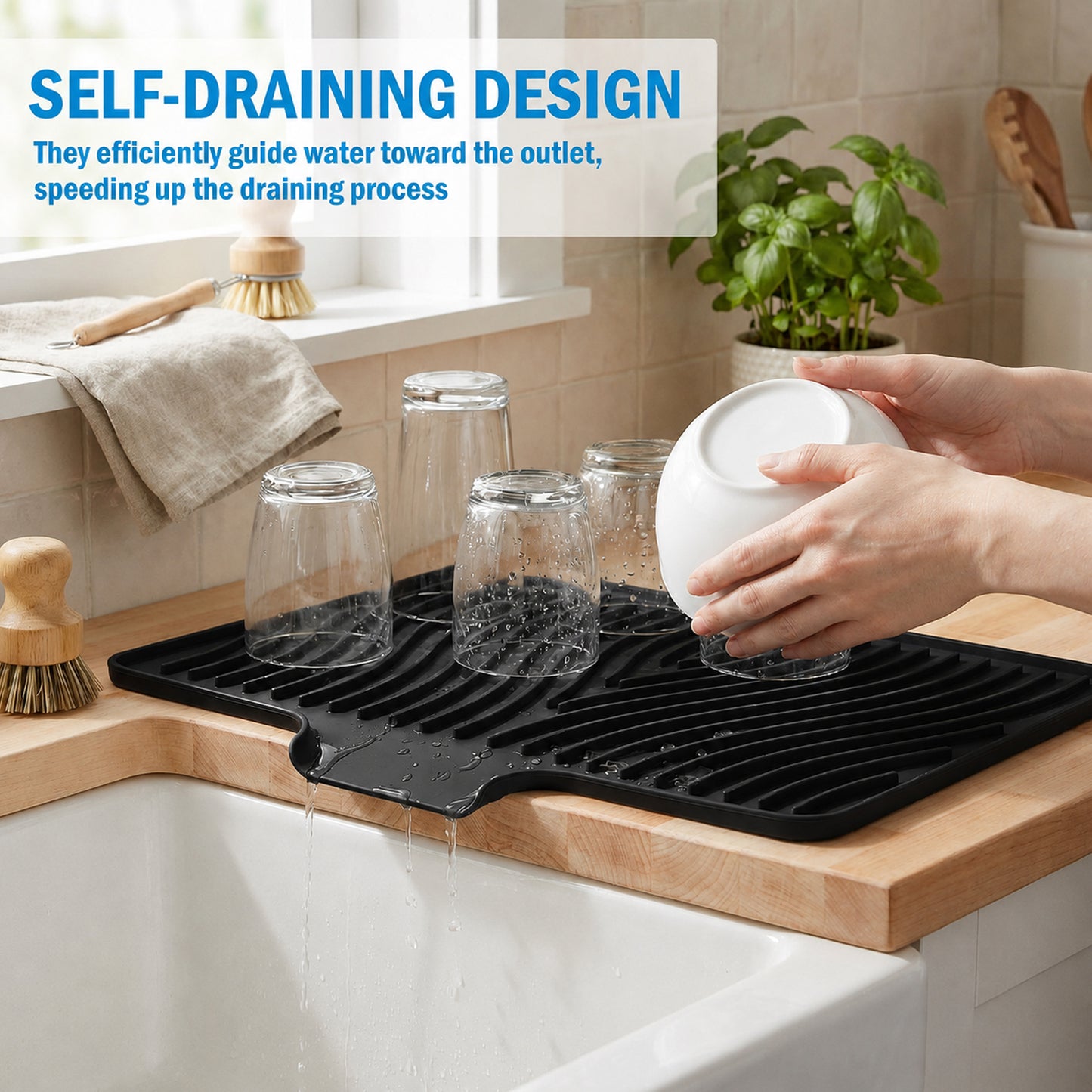 Silicone Dish Drying Mat for Kitchen Counter or Sink, Non-Slip Dish Drainer Mat with Built-in Drain, Heat Resistant Drying Pad, Black