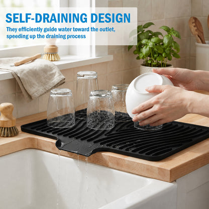 Silicone Dish Drying Mat for Kitchen Counter or Sink, Non-Slip Dish Drainer Mat with Built-in Drain, Heat Resistant Drying Pad, Black
