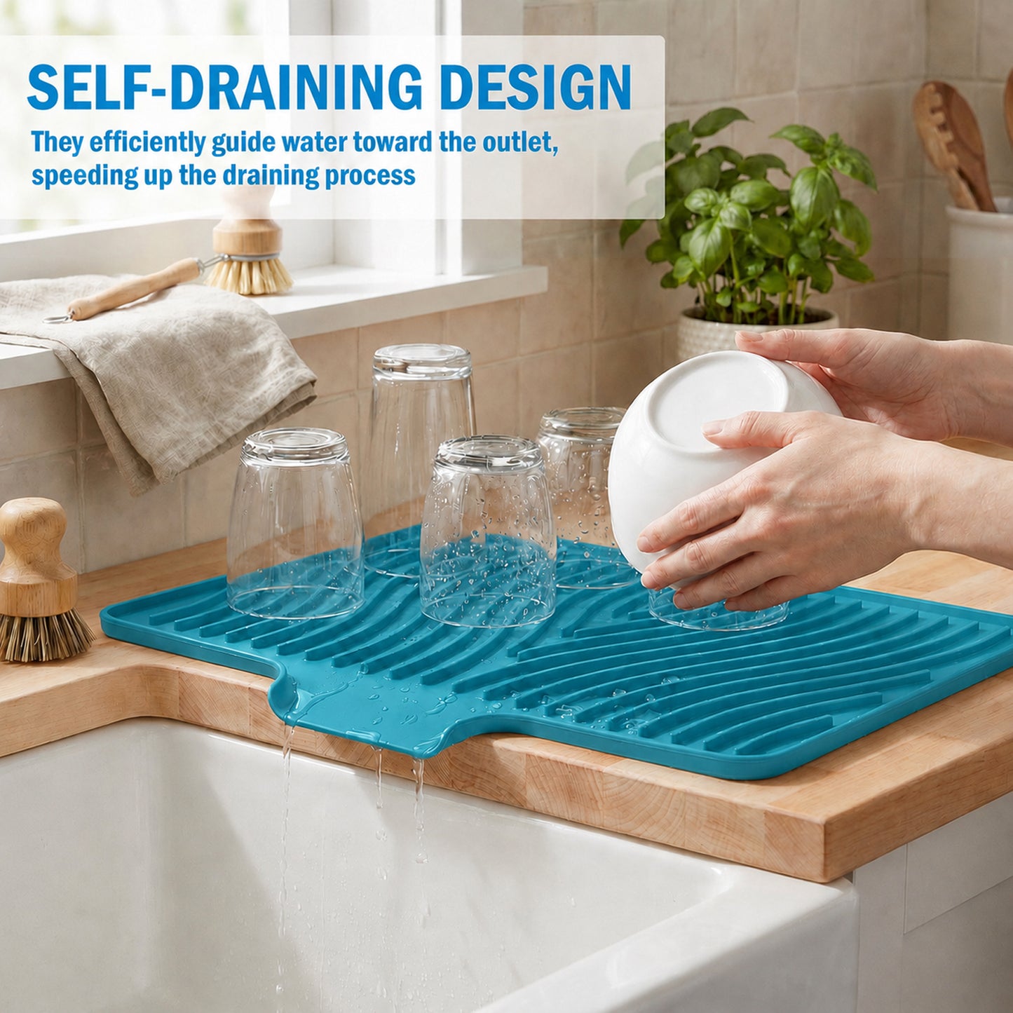 Silicone Dish Drying Mat for Kitchen Counter or Sink, Non-Slip Dish Drainer Mat with Built-in Drain, Heat Resistant Drying Pad, Peacock Blue