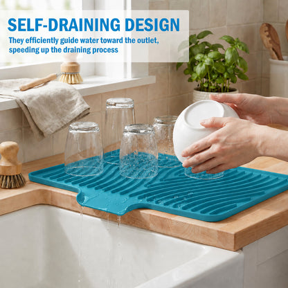 Silicone Dish Drying Mat for Kitchen Counter or Sink, Non-Slip Dish Drainer Mat with Built-in Drain, Heat Resistant Drying Pad, Peacock Blue