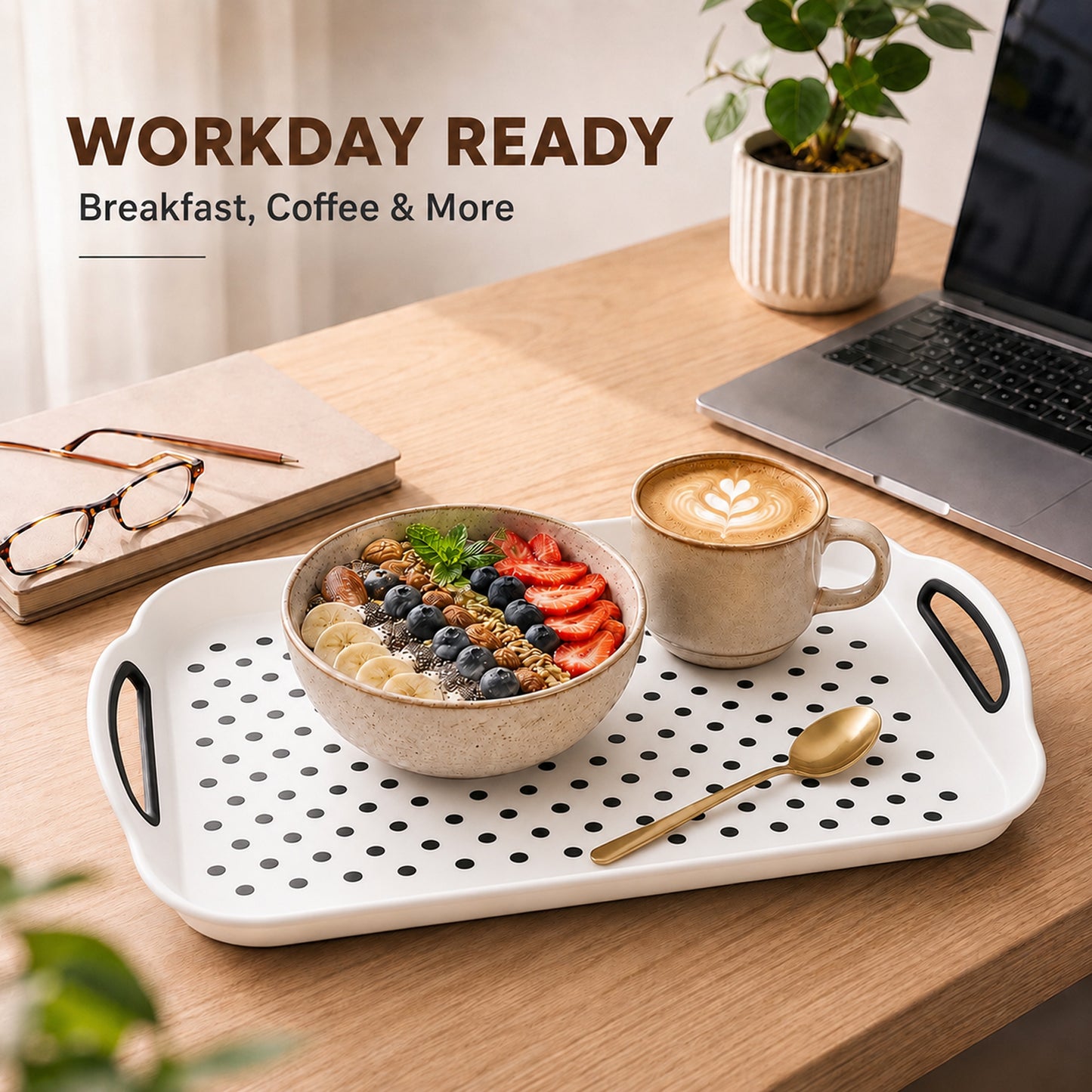 Non Slip Serving Tray with Handles, Rubber Gripped Lap Food Trays for Eating, Dishwasher Safe, Ideal for Breakfast, Snack, Fruit, Dessert, Beverage & Dinner (1 pack White)