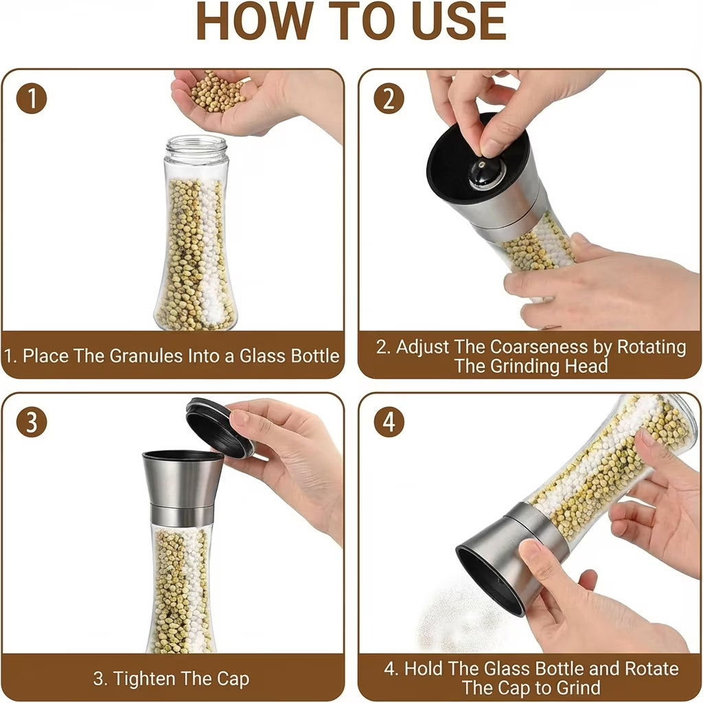 2-Pack Stainless Steel Pepper & Salt Grinder Set, Refillable Glass Body, Adjustable Coarseness Spice Mill