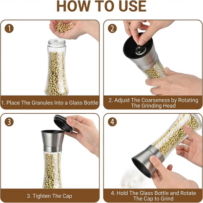 2-Pack Stainless Steel Pepper & Salt Grinder Set, Refillable Glass Body, Adjustable Coarseness Spice Mill