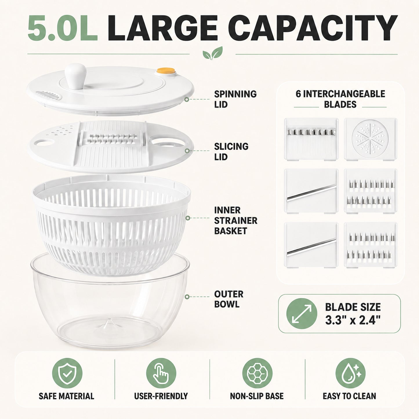 Large Salad Spinner and Slicer, 5.3 Qt 3-in-1 Vegetable Fruit Wash Bowl, Lettuce Washer with 5-Blade Slicer & Egg Yolk Strainer for Fast Salad Prep (White)