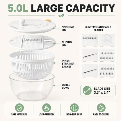 Large Salad Spinner and Slicer, 5.3 Qt 3-in-1 Vegetable Fruit Wash Bowl, Lettuce Washer with 5-Blade Slicer & Egg Yolk Strainer for Fast Salad Prep (White)