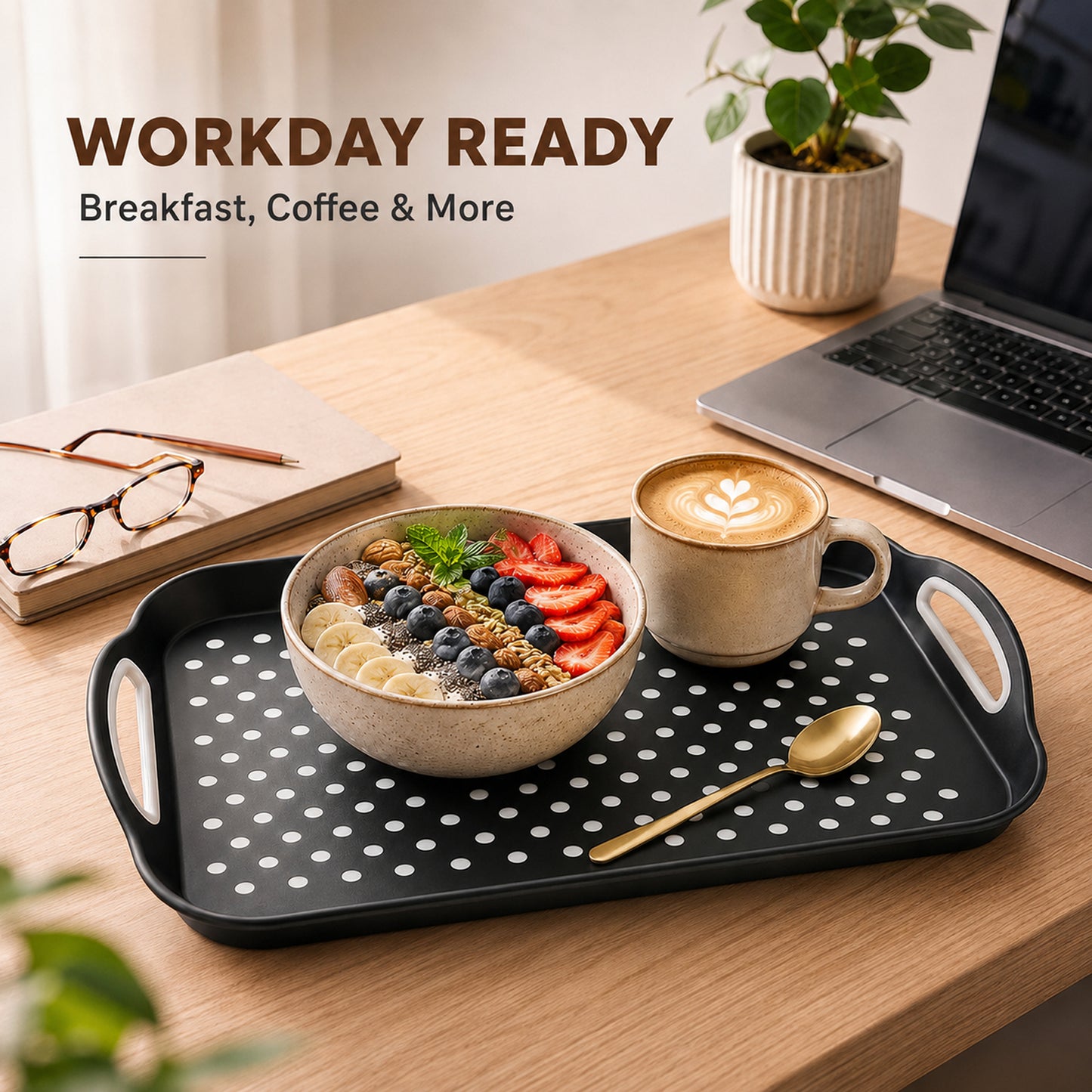 Non Slip Serving Tray with Handles, Rubber Gripped Lap Food Trays for Eating, Dishwasher Safe, Ideal for Breakfast, Snack, Fruit, Dessert, Beverage & Dinner (2 pack Black)