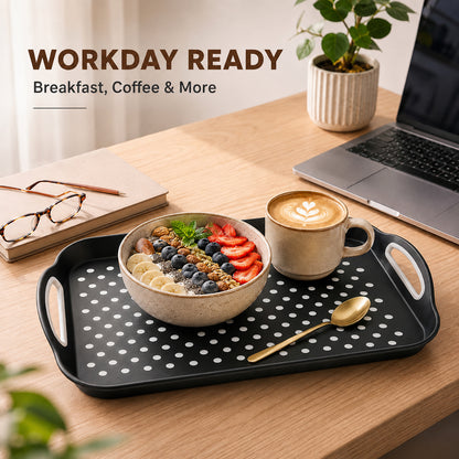 Non Slip Serving Tray with Handles, Rubber Gripped Lap Food Trays for Eating, Dishwasher Safe, Ideal for Breakfast, Snack, Fruit, Dessert, Beverage & Dinner (2 pack Black)