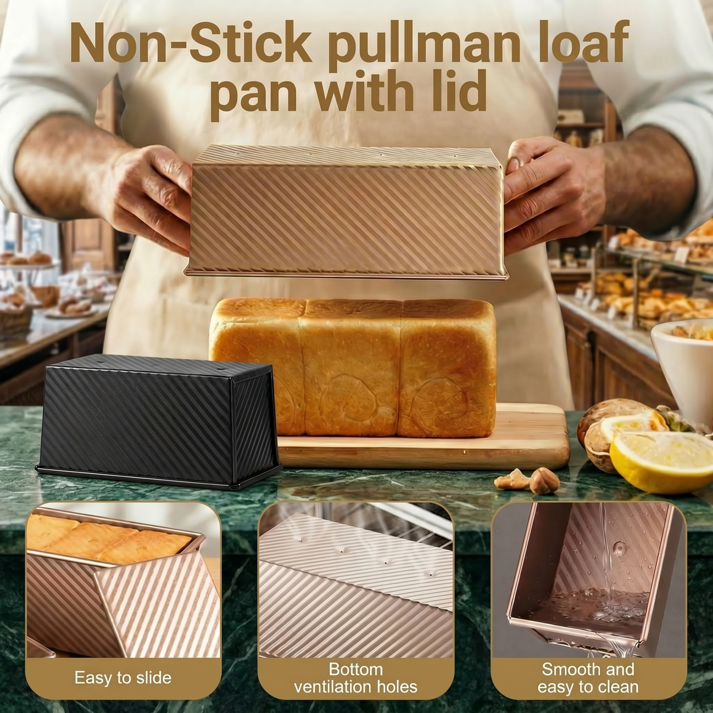 3-Pack Pullman Loaf Pans with Lids – 2.2/1/0.8lb Carbon Steel, Nonstick, Includes 7 Tools