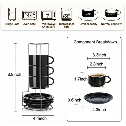 3 oz Espresso Cups for Coffee Lovers, Stackable Ceramic Demitasse Cups with Saucers and Metal Rack for Espresso, Cortado & Macchiato, Black, Set of 4