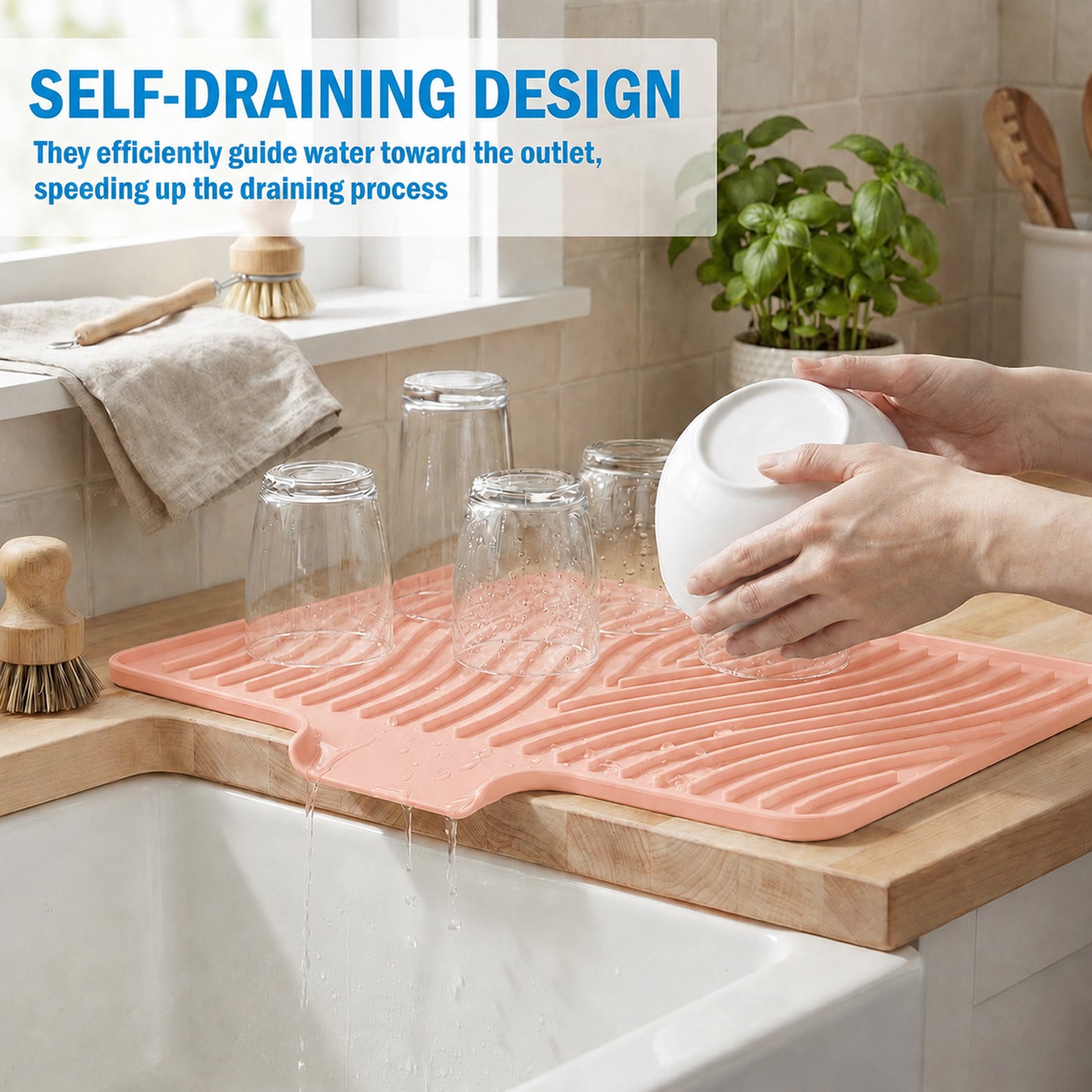 Silicone Dish Drying Mat for Kitchen Counter or Sink, Non-Slip Dish Drainer Mat with Built-in Drain, Heat Resistant Drying Pad, Pink