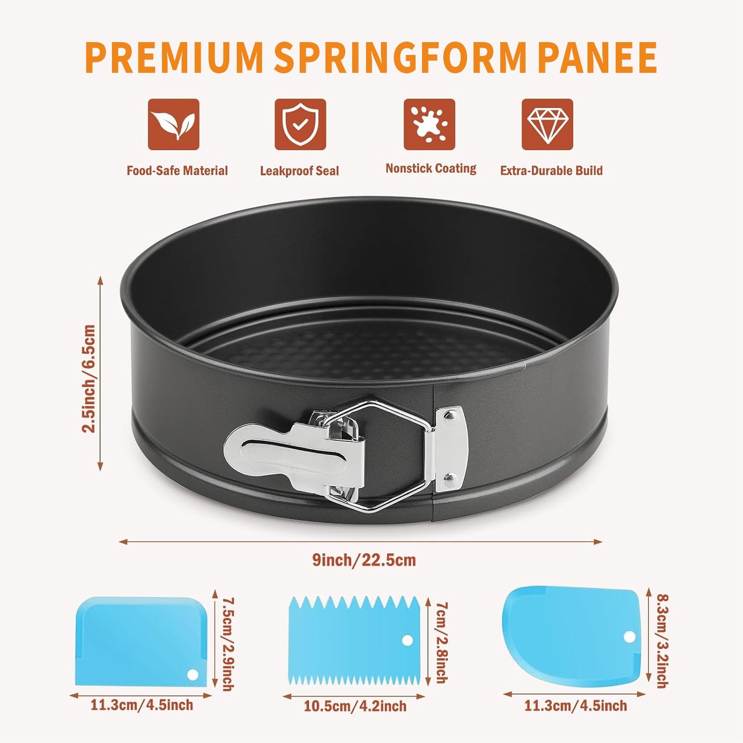 9 Inch Springform Pan Tin, Non-stick Removable Bottom Cake Pan, Leakproof & Easy Release, Includes 1 Pan, 3 Scrapers, and 50 PCS Parchment Paper for Baking